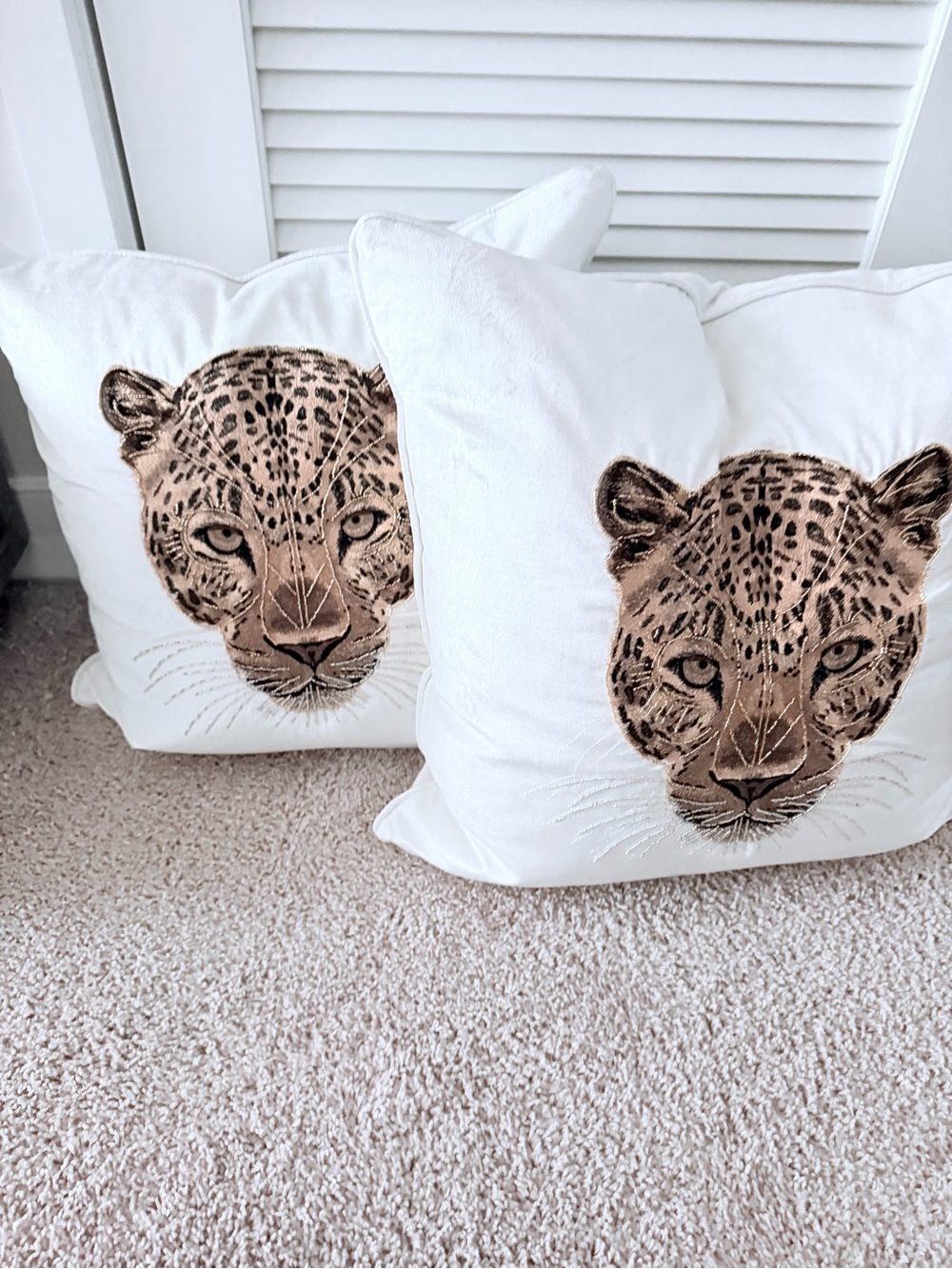 Z Gallerie Cream Pillow (2) with Embroidered Golden Brown Leopard - Picture 2 of 3